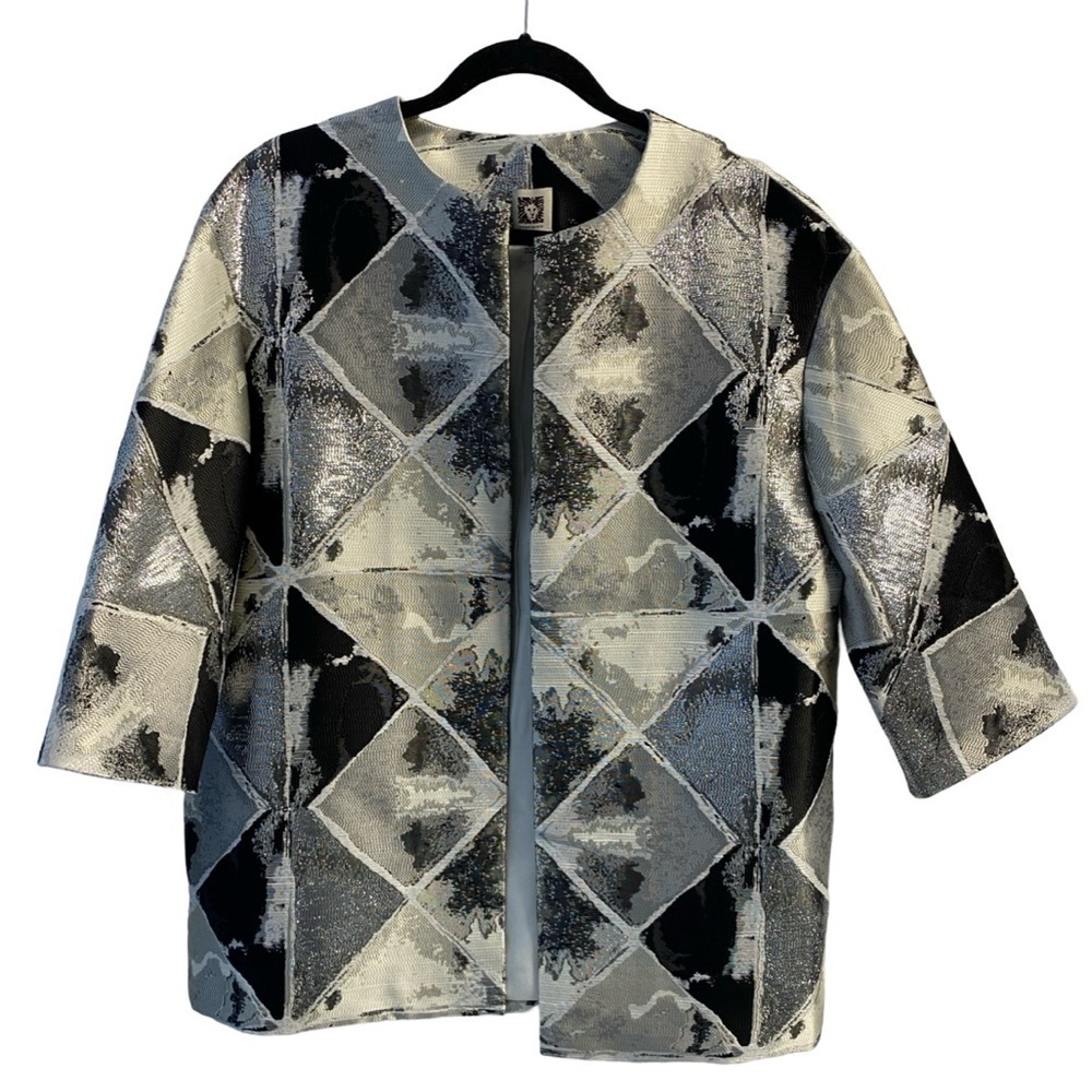 Anne Klein Open Front Metallic Jacket Black & Silver Pockets 3/4 Sleeves Size 12